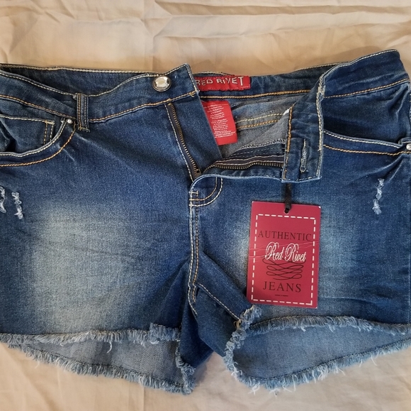 Red Rivet Denim Shorts - Picture 2 of 3